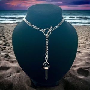Y shape lariat style necklace with black obsidian bullet charm gems boho choker
